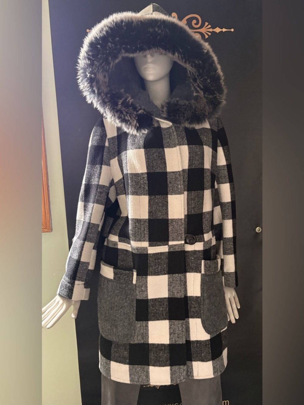 Women's Wool Black and Cream Plaid Hooded Coat with Faux-Fur Trim